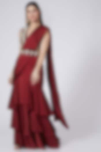 Red Pre-Stitched Layered Saree by Bhumika Sharma at Pernia's Pop Up Shop