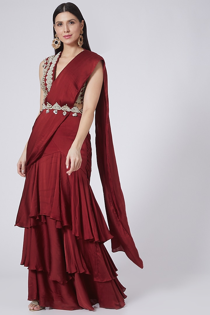 Red Pre-Stitched Layered Saree by Bhumika Sharma at Pernia's Pop Up Shop