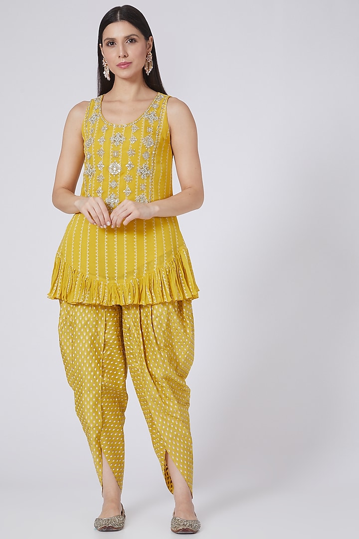 Yellow Georgette Printed Dhoti Set by Bhumika Sharma
