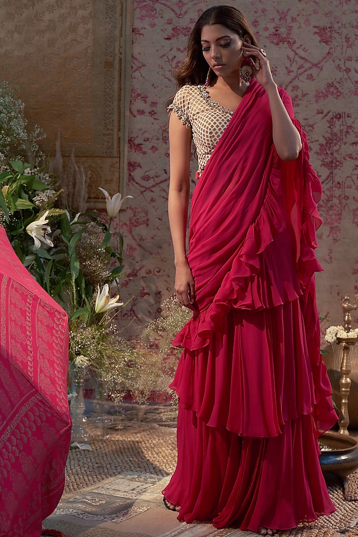 Rani Pink Embroidered Pre-Stitched Saree Set by Bhumika Sharma