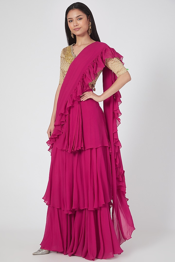 Rani Pink Printed Pre-Stitched Saree Set by Bhumika Sharma