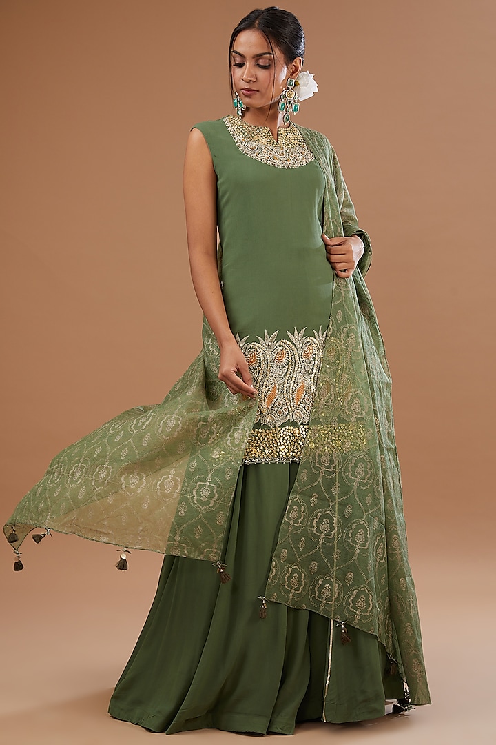 Green Silk Sharara Set by Bhumika Sharma