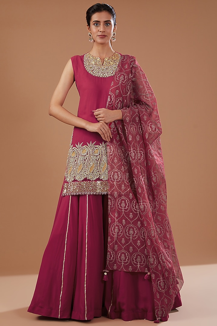 Fuchsia Silk Pleated Wedding Sharara Set by Bhumika Sharma at Pernia's Pop Up Shop