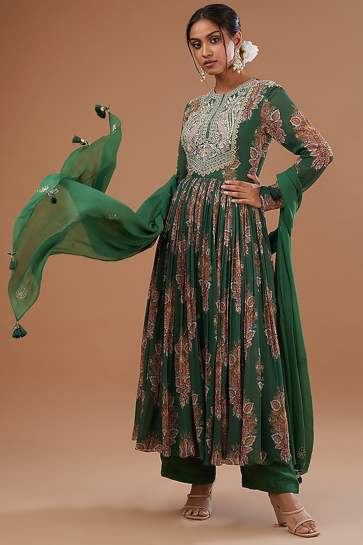 Green Georgette Printed Wedding Anarkali Set by Bhumika Sharma at Pernia's Pop Up Shop