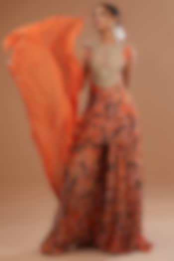 Orange Blend Silk Floral Printed Wedding Sharara Set by Bhumika Sharma at Pernia's Pop Up Shop
