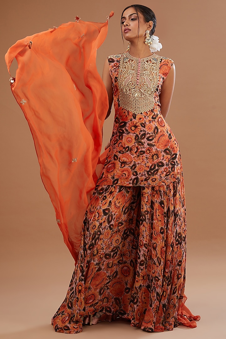 Orange Blend Silk Floral Printed Wedding Sharara Set by Bhumika Sharma at Pernia's Pop Up Shop