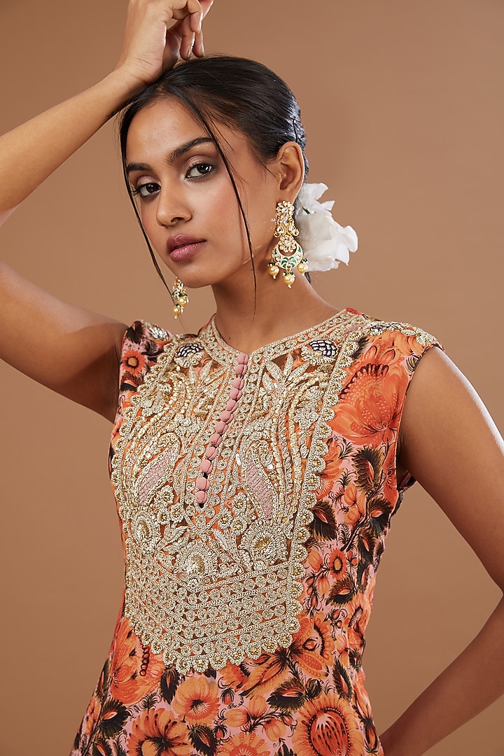 Orange Blend Silk Floral Printed Wedding Sharara Set by Bhumika Sharma at Pernia's Pop Up Shop