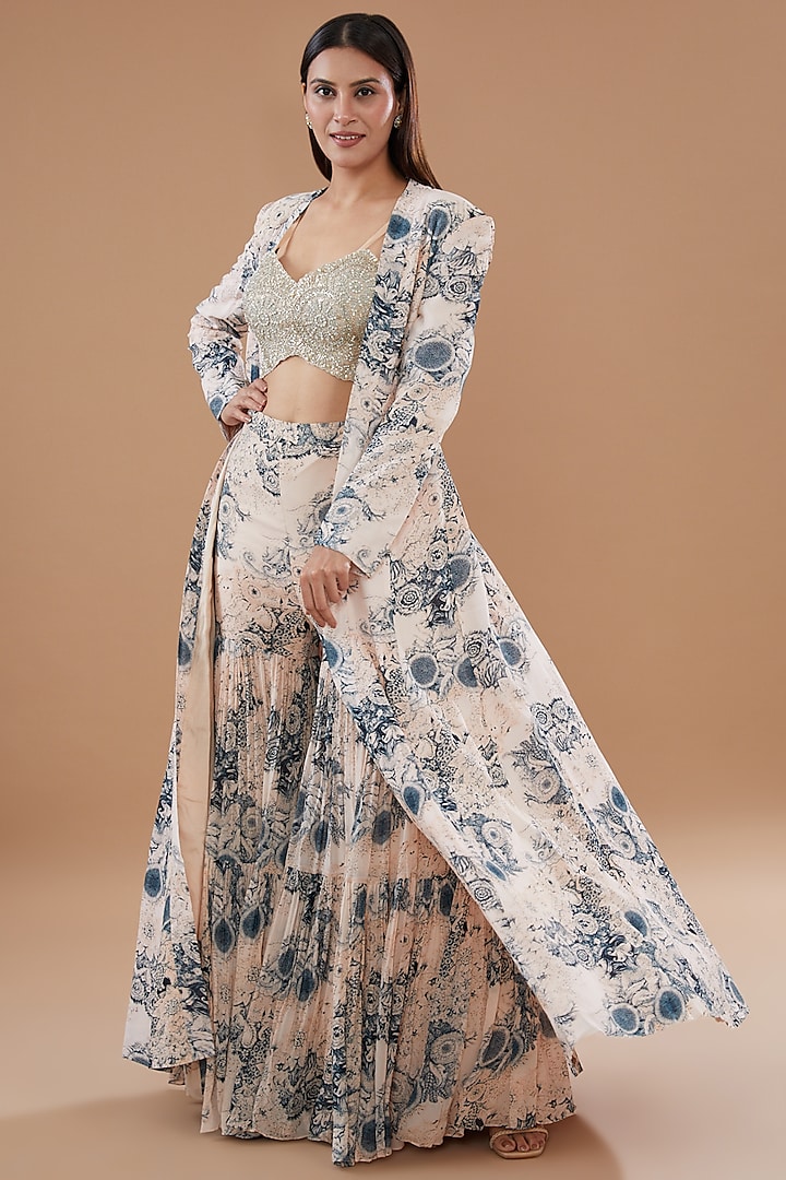 Champagne & Blue Georgette Blossom Printed Jacket Set by Bhumika Sharma