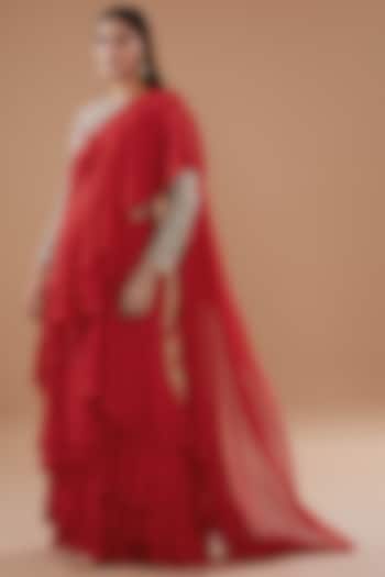 Red Georgette Ruffled Saree Set by Bhumika Sharma