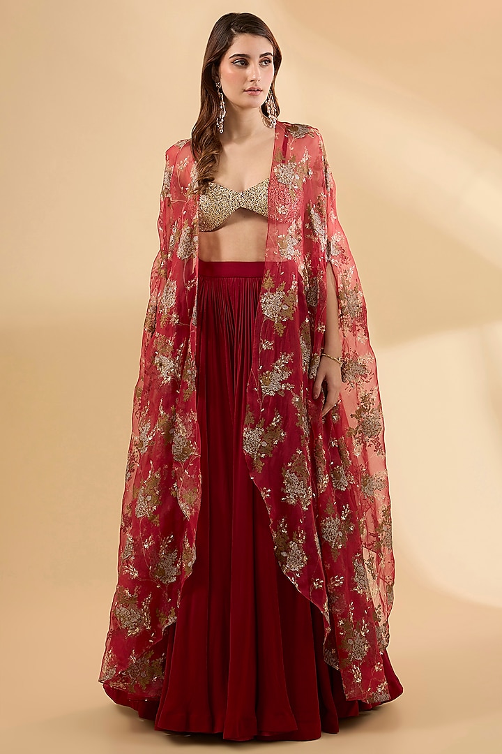 Crimson Red Organza Screen Printed Cape Set by Bhumika Sharma at Pernia's Pop Up Shop