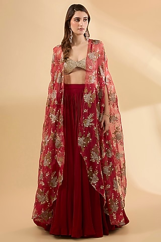 Crimson Red Organza Screen Printed Cape Set by Bhumika Sharma