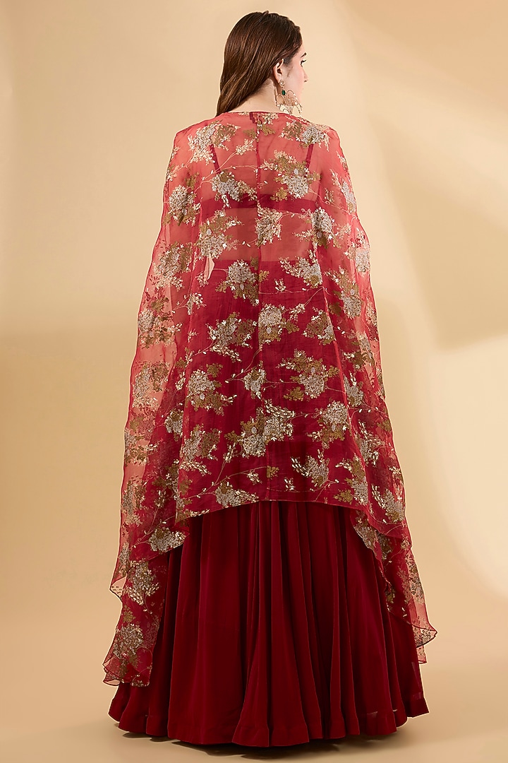 Crimson Red Organza Screen Printed Cape Set by Bhumika Sharma at Pernia's Pop Up Shop
