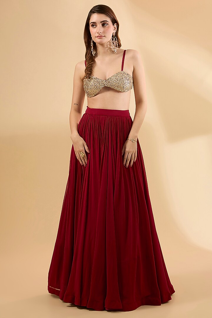 Crimson Red Organza Screen Printed Cape Set by Bhumika Sharma at Pernia's Pop Up Shop