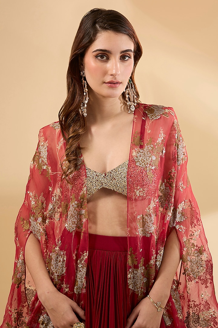 Crimson Red Organza Screen Printed Cape Set by Bhumika Sharma at Pernia's Pop Up Shop