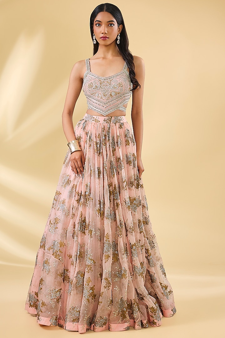 Blush Pink Organza & Net Printed Bridal Lehenga Set by Bhumika Sharma at Pernia's Pop Up Shop