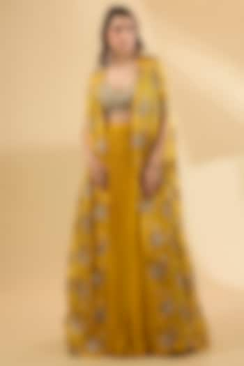 Mustard Organza Screen Printed Cape Set by Bhumika Sharma at Pernia's Pop Up Shop