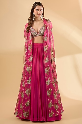 Pink Organza Printed Cape Set by Bhumika Sharma
