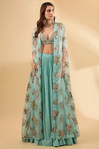 Coral Blue Organza Screen Printed Cape Set by Bhumika Sharma