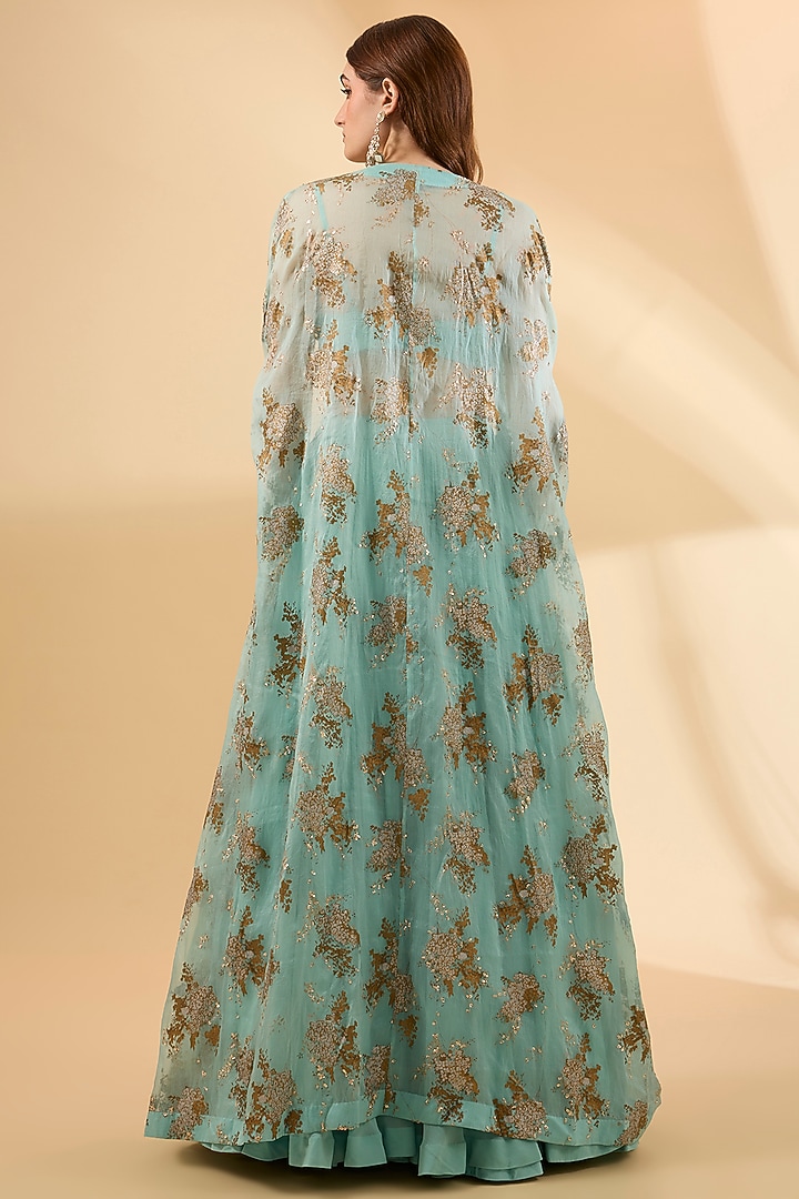 Coral Blue Organza Screen Printed Cape Set by Bhumika Sharma at Pernia's Pop Up Shop