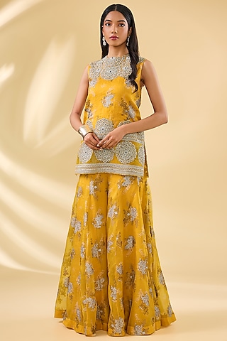 Haldi Yellow Organza & Net Printed Sharara Set by Bhumika Sharma