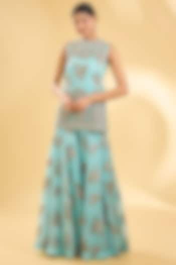 Aqua Blue Net & Organza Sharara Set by Bhumika Sharma at Pernia's Pop Up Shop