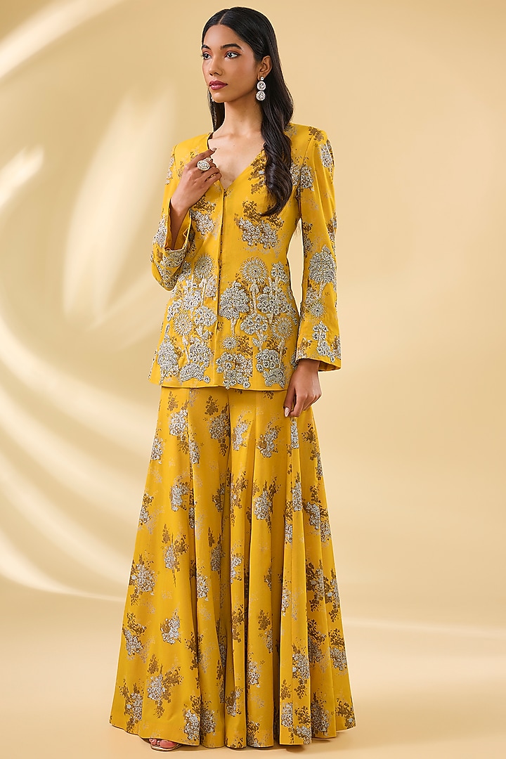 Haldi Yellow Georgette Printed & Embroidered Jacket Set by Bhumika Sharma at Pernia's Pop Up Shop