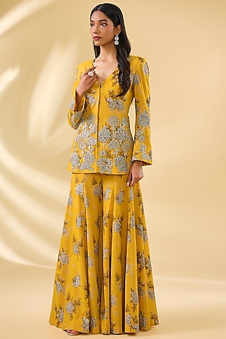 Haldi Yellow Georgette Printed & Embroidered Jacket Set by Bhumika Sharma