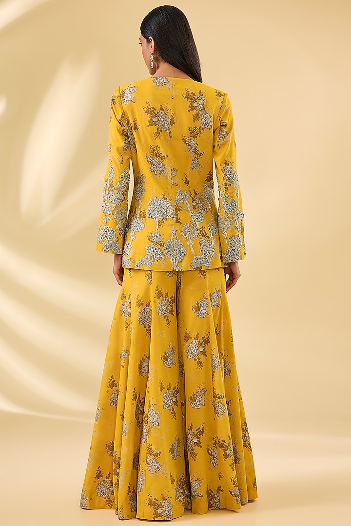 Haldi Yellow Georgette Printed & Embroidered Jacket Set by Bhumika Sharma at Pernia's Pop Up Shop