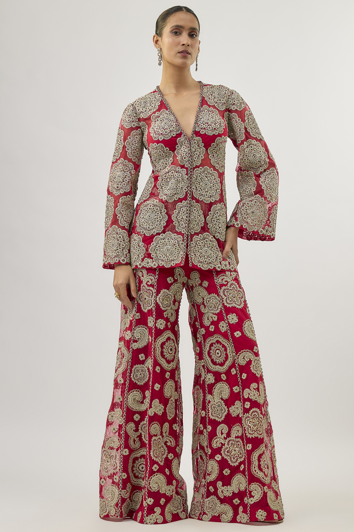 Red Net Embroidered Jacket Set by Bhumika Sharma at Pernia's Pop Up Shop