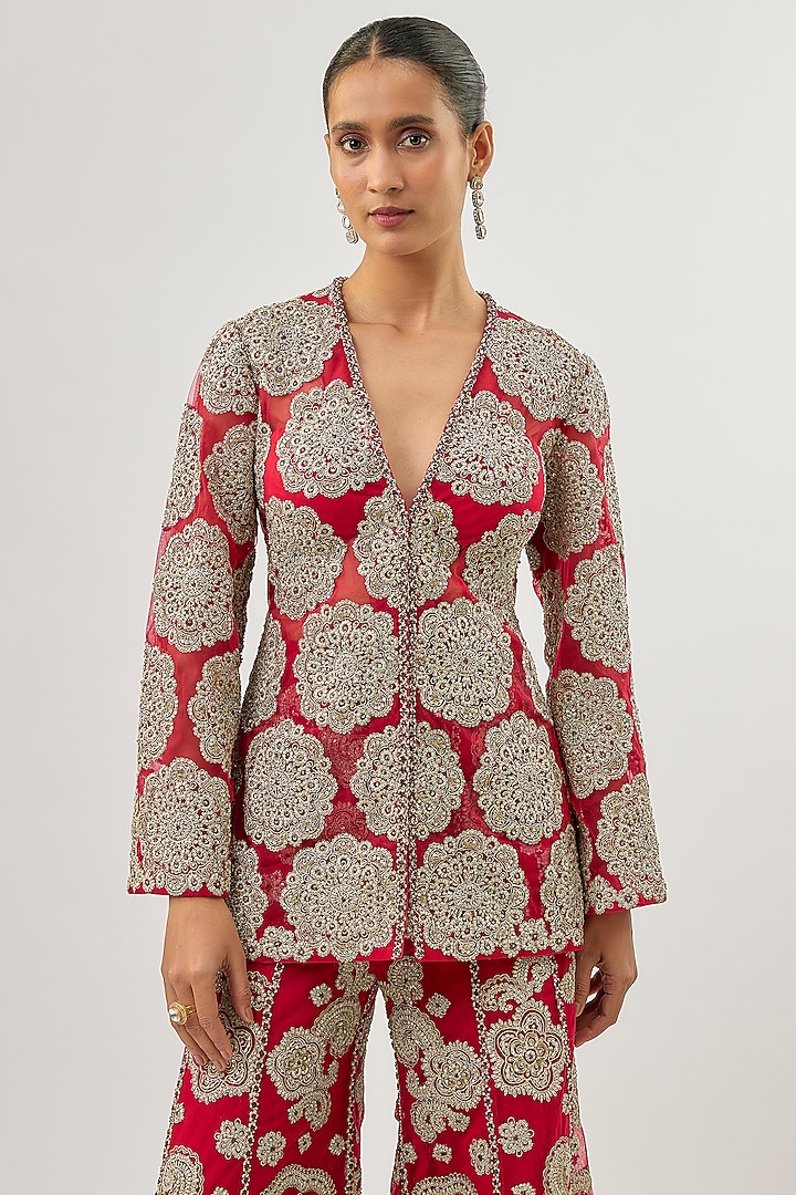 Red Net Embroidered Jacket Set by Bhumika Sharma at Pernia's Pop Up Shop