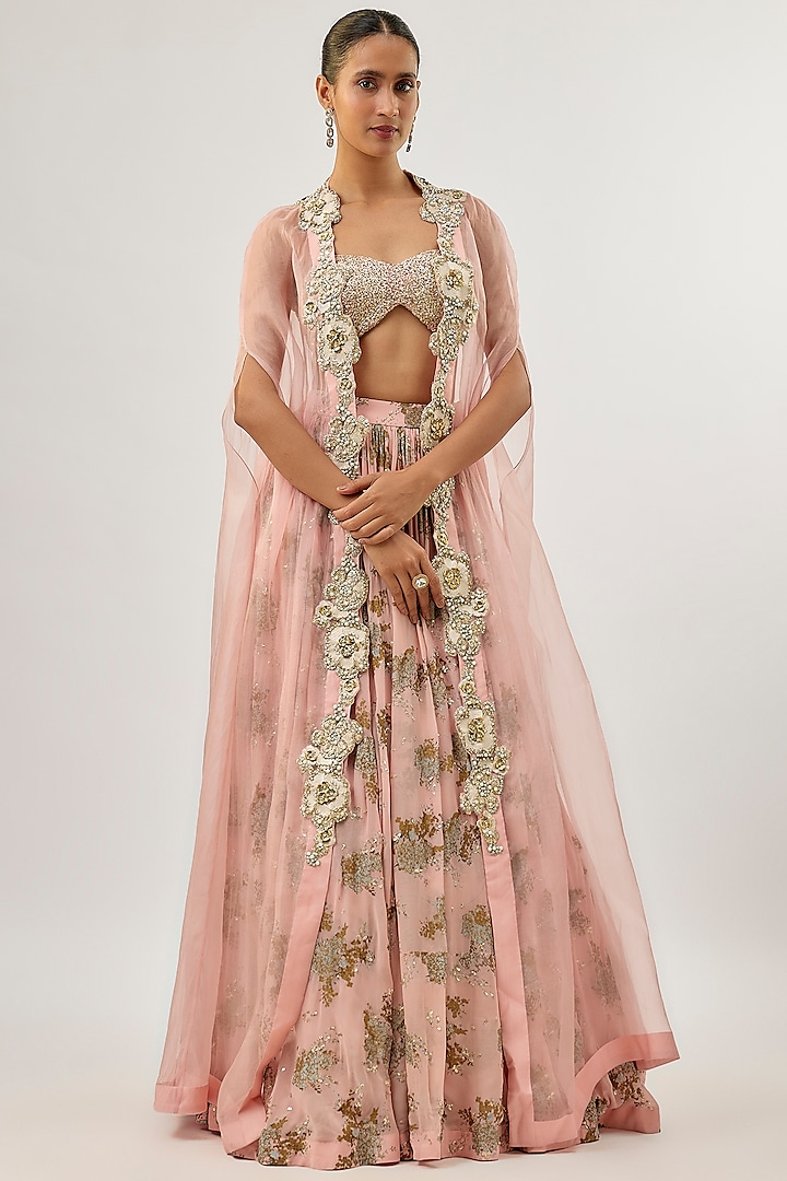 Blush Pink Organza Embroidered Cape Set by Bhumika Sharma at Pernia's Pop Up Shop
