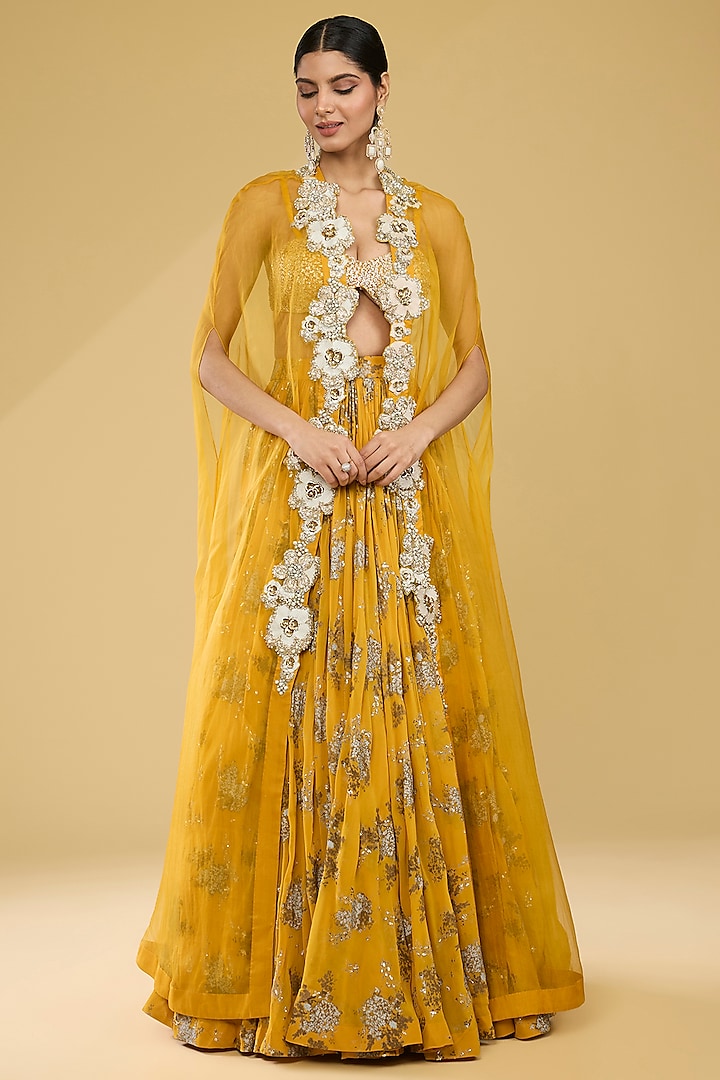 Haldi Yellow Georgette & Organza Cape Set by Bhumika Sharma at Pernia's Pop Up Shop