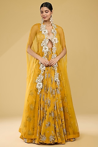 Haldi Yellow Georgette & Organza Cape Set by Bhumika Sharma
