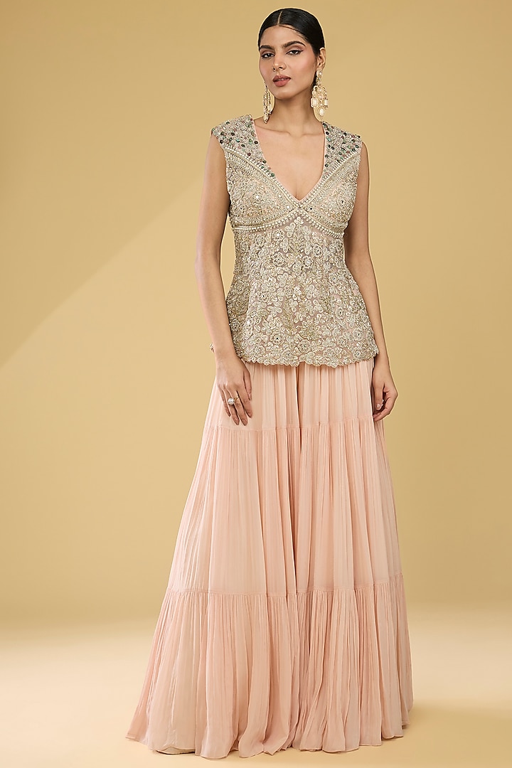 Champagne Georgette & Net Embroidered Kurta Set by Bhumika Sharma at Pernia's Pop Up Shop