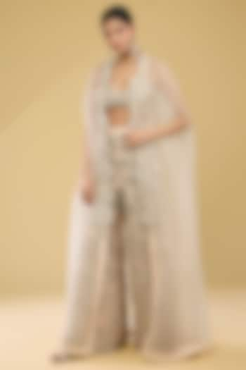 Champagne Net & Organza Embroidered Cape Set by Bhumika Sharma at Pernia's Pop Up Shop