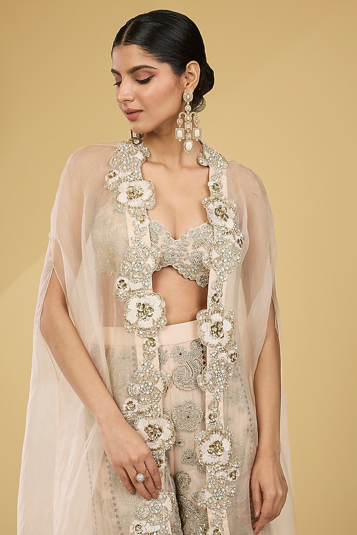 Champagne Net & Organza Embroidered Cape Set by Bhumika Sharma at Pernia's Pop Up Shop