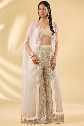 Champagne Organza & Net Embroidered Cape Set by Bhumika Sharma