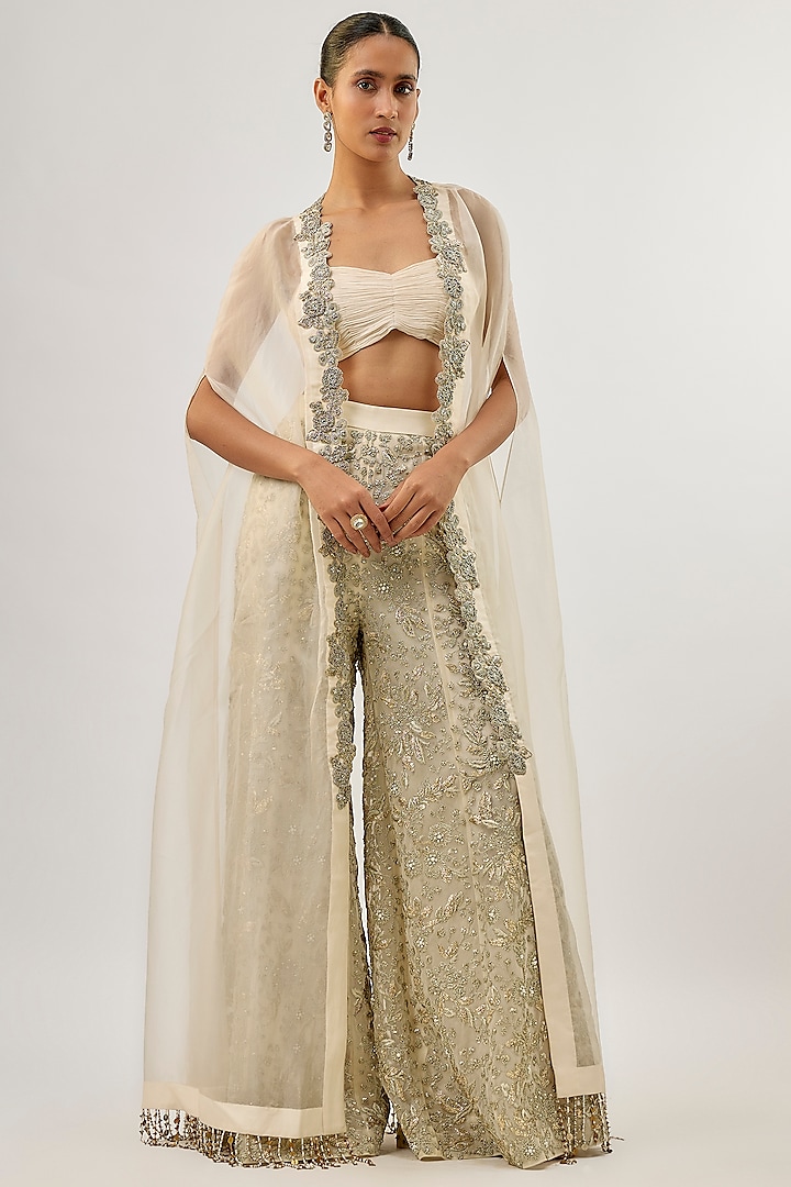 Ivory Organza Embroidered Cape Set by Bhumika Sharma at Pernia's Pop Up Shop