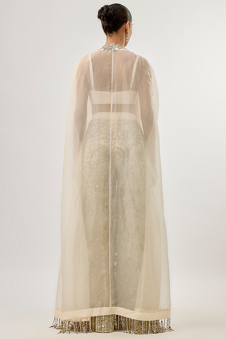 Ivory Organza Embroidered Cape Set by Bhumika Sharma at Pernia's Pop Up Shop