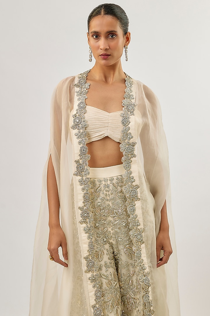 Ivory Organza Embroidered Cape Set by Bhumika Sharma at Pernia's Pop Up Shop