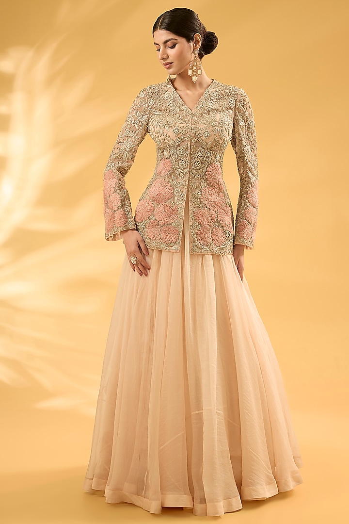 Champagne Organza & Net Embroidered Jacket Set by Bhumika Sharma at Pernia's Pop Up Shop