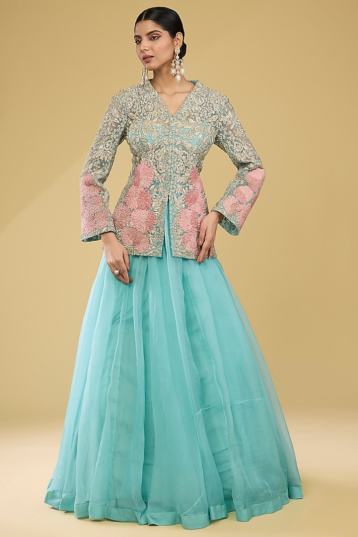 Aqua Blue Organza & Net Embroidered Jacket Set by Bhumika Sharma at Pernia's Pop Up Shop