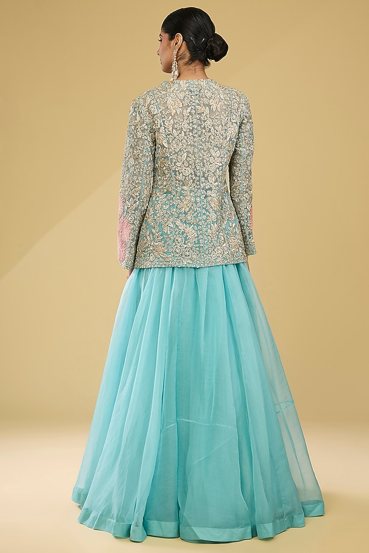 Aqua Blue Organza & Net Embroidered Jacket Set by Bhumika Sharma at Pernia's Pop Up Shop