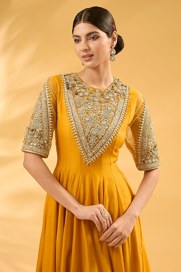 Haldi Yellow Satin Silk Embroidered Bridal Anarkali Set by Bhumika Sharma at Pernia's Pop Up Shop