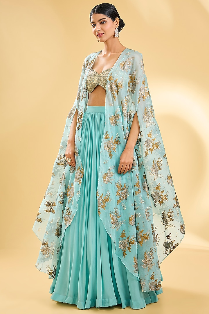 Blue Georgette & Organza Cape Set by Bhumika Sharma at Pernia's Pop Up Shop