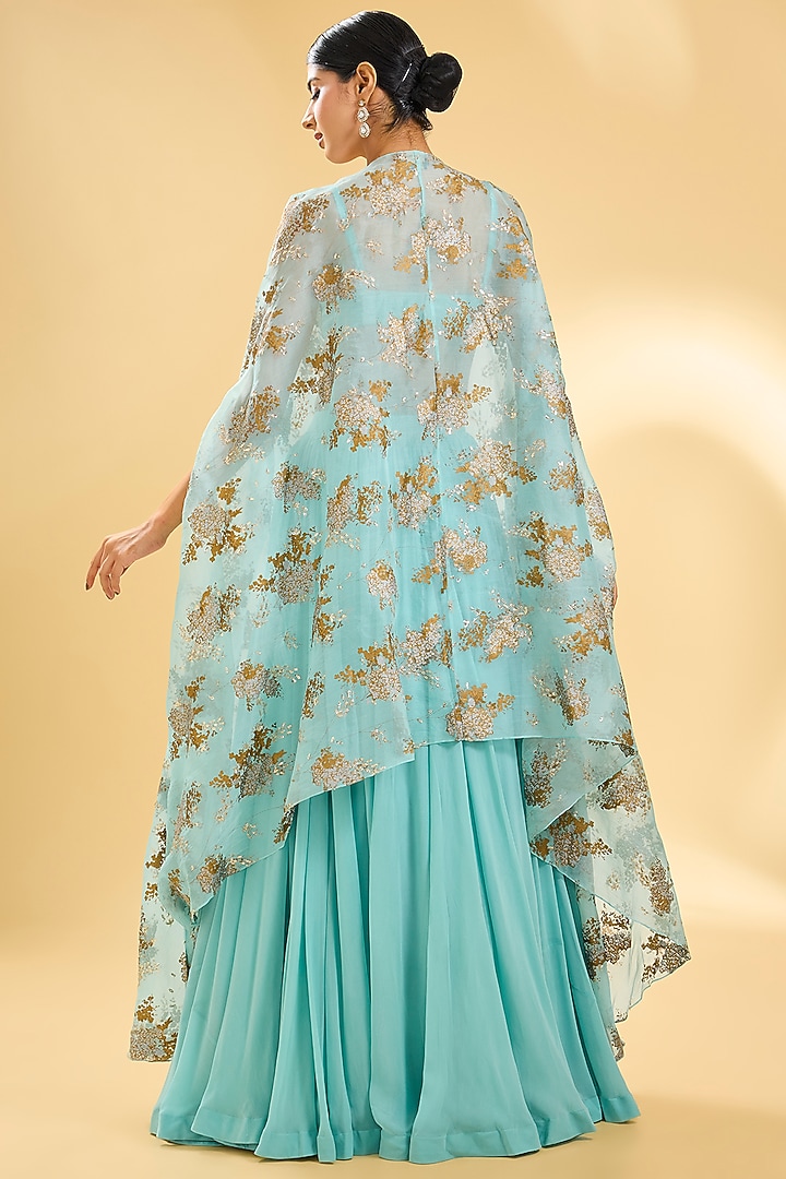 Blue Georgette & Organza Cape Set by Bhumika Sharma at Pernia's Pop Up Shop