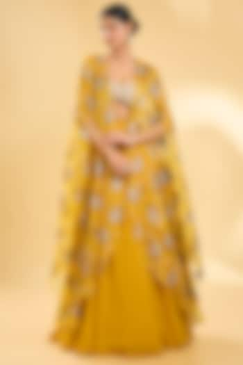 Yellow Georgette & Organza Cape Set by Bhumika Sharma at Pernia's Pop Up Shop