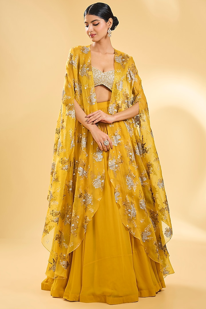 Yellow Georgette & Organza Cape Set by Bhumika Sharma at Pernia's Pop Up Shop