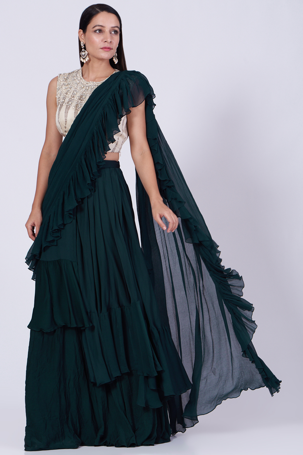 Green Georgette Asymmetrical Layered Ruffled Wedding Saree Set by Bhumika Sharma at Pernia's Pop Up Shop