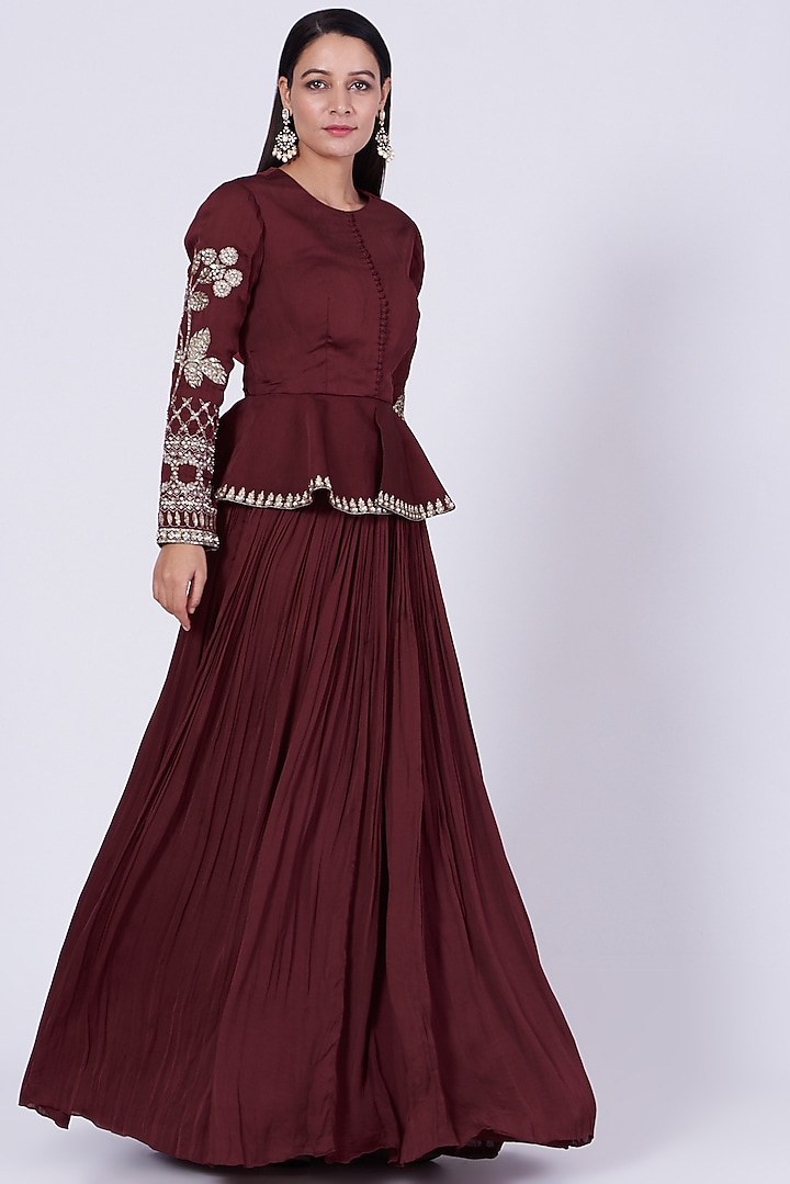 Burgundy Pleated Skirt Set by Bhumika Sharma